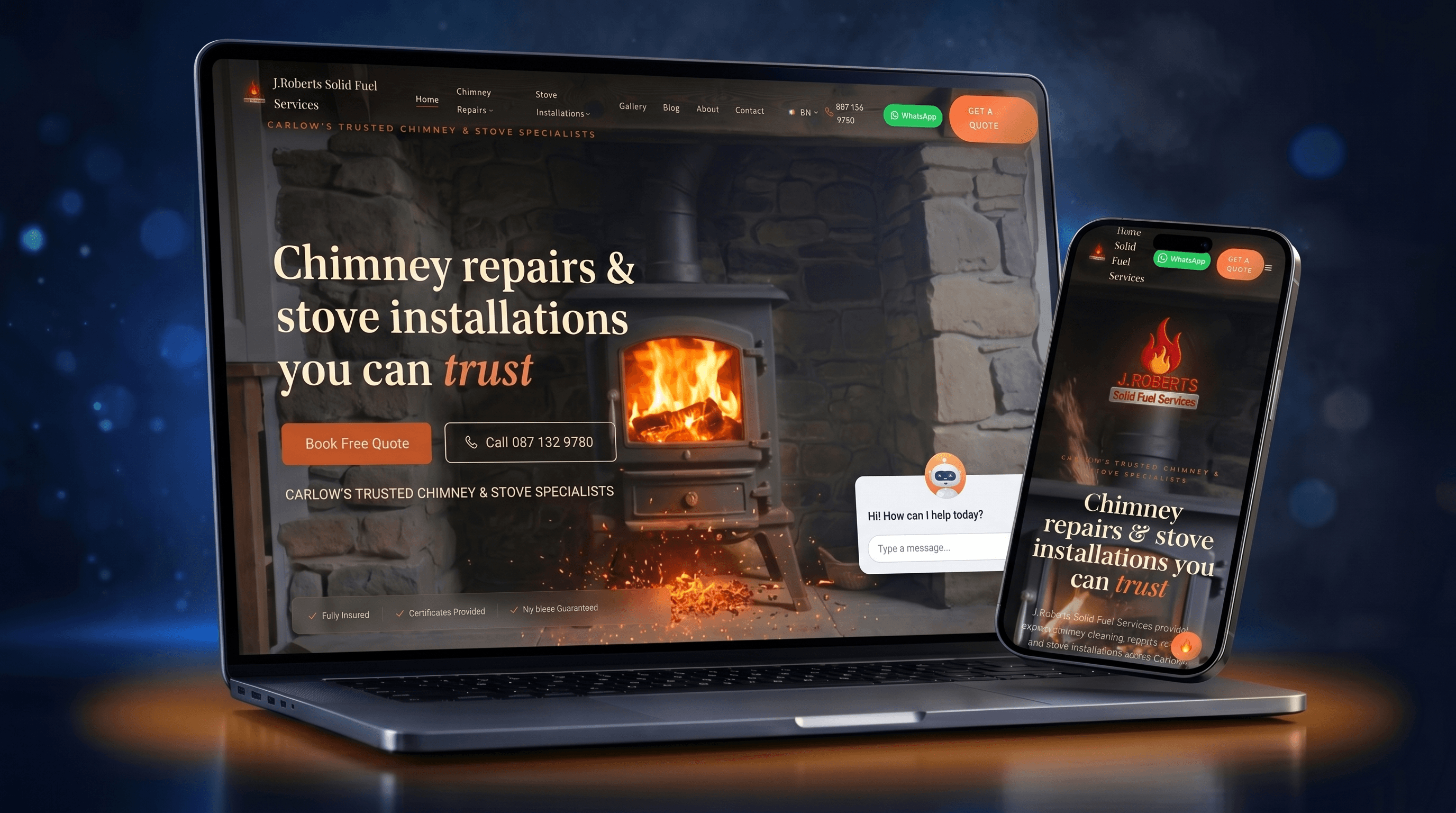 J. Roberts Solid Fuel Services website on laptop and phone — lit stove and AI chatbot open